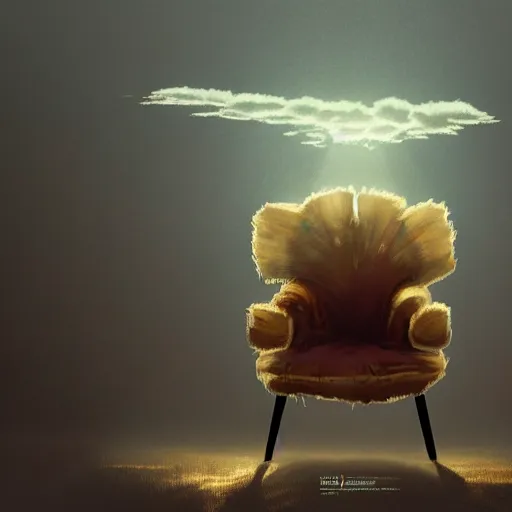 Image similar to chair - shaped cloud, concept art illustration, color page, 4 k, tone mapping, doll, akihiko yoshida, james jean, andrei riabovitchev, marc simonetti, yoshitaka amano, digital illustration, greg rutowski, volumetric lighting, sunbeams, particles, trending on artstation