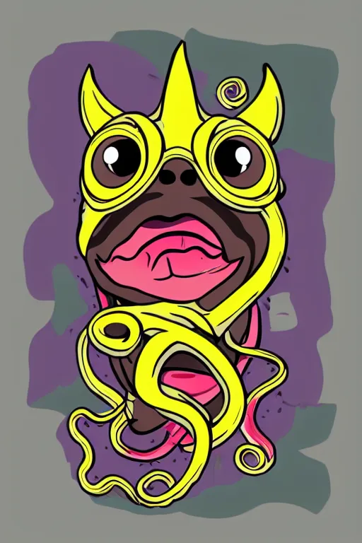 Prompt: Pug with tentacles, the devil, sticker, blood thirsty, spawn of Satan, burning in hell, blood, evil, colorful, illustration, highly detailed, simple, smooth and clean vector curves, no jagged lines, vector art, smooth