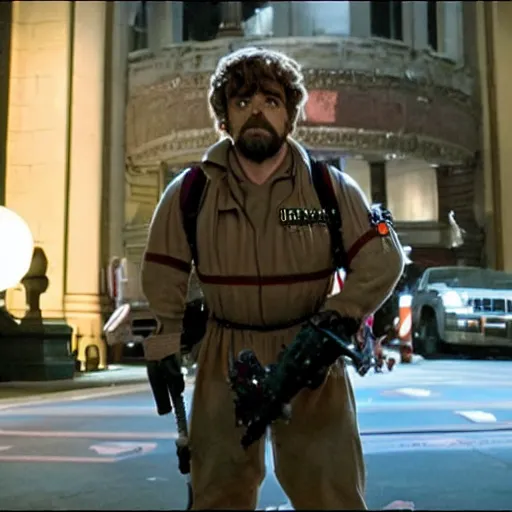 Image similar to stunning awe inspiring peter dinklage as a ghostbuster in the movie ghostbusters, movie still 8 k hdr atmospheric lighting