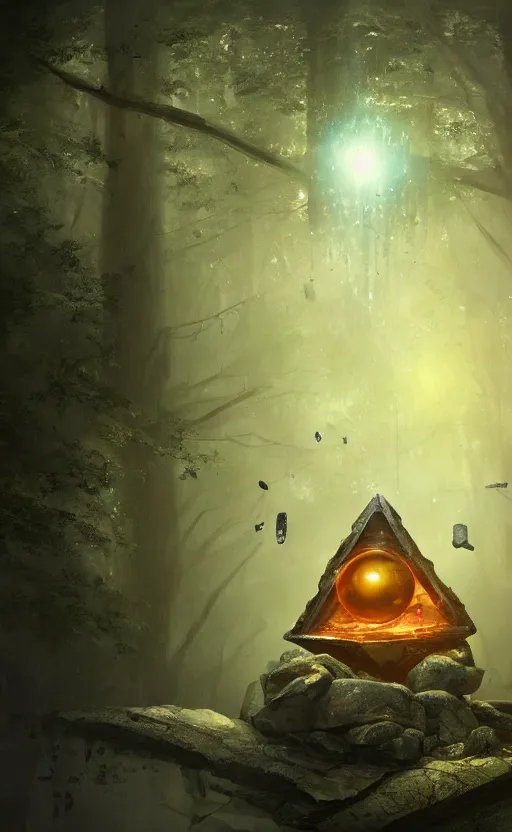 Image similar to dark fantasy photorealistic concept art of bill cipher floating in the middle of a forest with glowing yellow eyes, and pebbles floating in the air, gloomy seen, dynamic lighting, ambient lighting, atmospherical, stunning visuals, creative, cinematic, ultra detailed, trending on art station