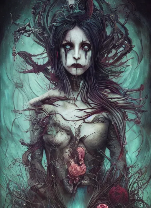 Image similar to alice's sister, death tarot card, highly detailed, cinematic, 8 k, by megan duncanson, benjamin lacombe, adrian borda, stanley artgermm, tom bagshaw, craig mullins, carne griffiths, ayami kojima, beksinski, giger, trending on deviantart, hyper detailed, horror, full of colour