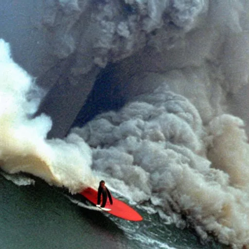 Prompt: george w bush surfing on the pyroclastic cloud of the collapsing world trade center debris as if it were a wave on 9 / 1 1 / 0 1