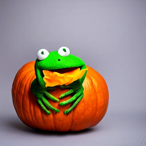 Image similar to a pumpkin kermit the frog, photography,