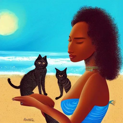 Image similar to a somali woman with curly hair, relaxing on the beach, contemplative, two cats on the beach, muted colours, beautiful, digital painting, illustration, high quality, detailed, dreamy
