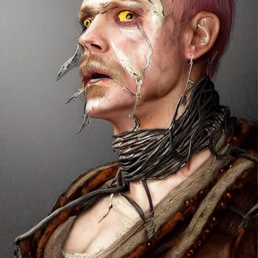 Image similar to portrait of a Shibari S&M barbed wire wrapped face and neck, headshot, insanely nice professional hair style, dramatic hair color, digital painting, of a old 17th century, old cyborg merchant, amber jewels, baroque, ornate clothing, scifi, realistic, hyperdetailed, chiaroscuro, concept art, art by Franz Hals and Jon Foster and Ayami Kojima and Amano and Karol Bak,