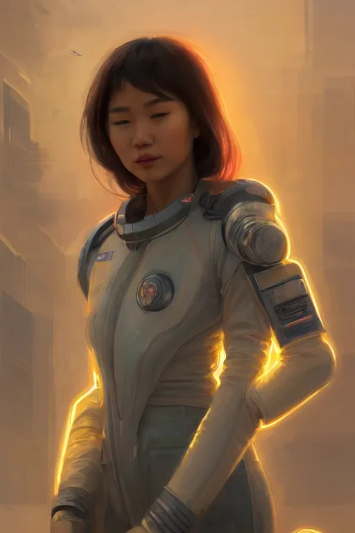 Image similar to portrait futuristic asian airforce girl, looking at the camera, in future airport rooftop , sci-fi, fantasy, intricate, very very beautiful, elegant, human anatomy, neon light, highly detailed, digital painting, artstation, concept art, smooth, sharp focus, illustration, art by tian zi and WLOP and alphonse mucha