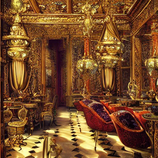 Image similar to Neo Rococo Expressionist, orientalism, diffuse lighting, fantasy, intricate, elegant, highly detailed, lifelike, photorealistic, digital painting, artstation, illustration, concept art, smooth, sharp focus, The City of Lisbon in a luxurious lavish cake shop, art by John Collier and Albert Aublet and Krenz Cushart and Artem Demura and Alphonse Mucha