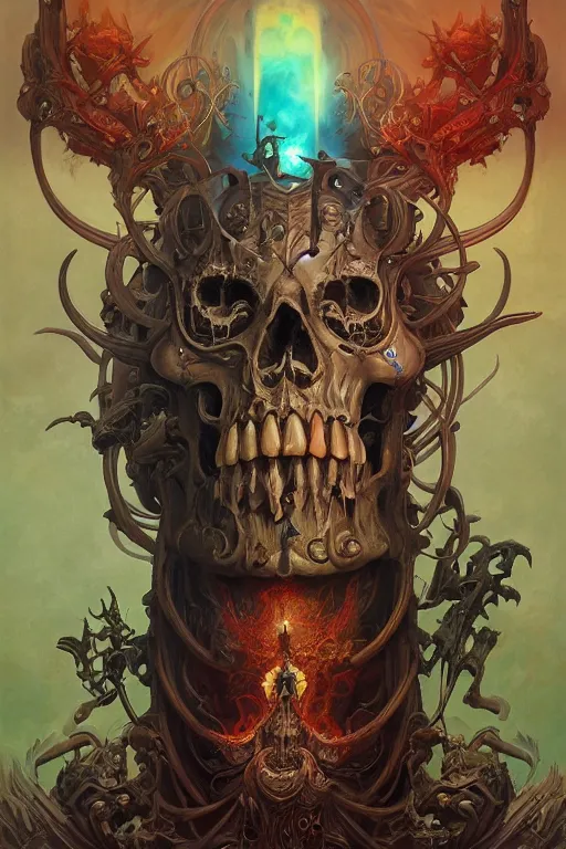 Prompt: evil gigantic skull lord of death, digital fantasy painting, ultra realistic, wide angle, art nouveau, intricate details, rainbowshift, vivid colors, highly detailed by peter mohrbacher, maxfield parrish, aaron horkey, gaston bussiere, craig mullins