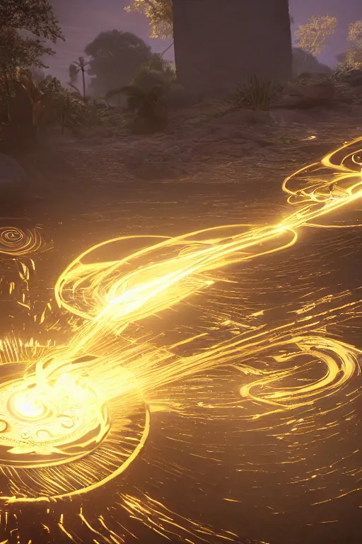 Prompt: thin swirling tribal light streaks and ornate flowing light streams and smooth particle effects, unreal engine