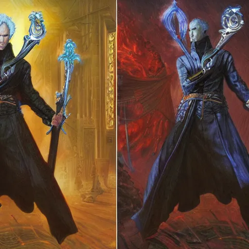 Image similar to Vergil and Dante standing back to back, art by Donato Giancola and James Gurney, digital art, trending on artstation