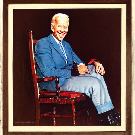 Image similar to a portrait painting by Norman Rockwell of Joe Biden sitting in a chair. Cozy fire. Legs crossed