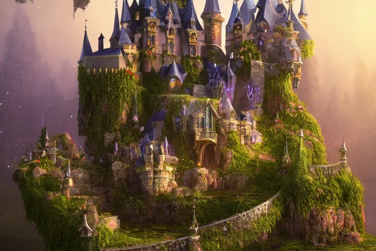 Image similar to elegant castle of dreamland, fairy architecture, spires, vines, cinematic lighting, octane render, high definition, trending on artstation, digital art, love