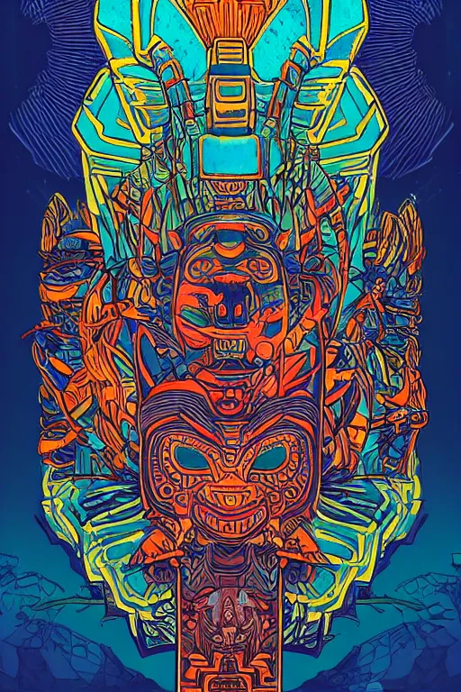 Image similar to totem animal tribal chaman vodoo mask feather gemstone plant video game illustration vivid color borderlands and by feng zhu and loish and laurie greasley, victo ngai, andreas rocha, john harris radiating a glowing aura