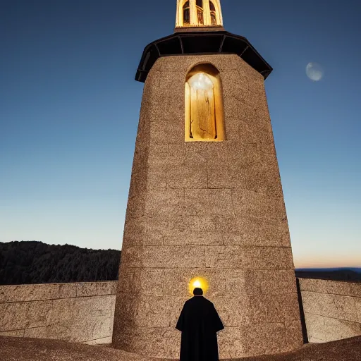 Image similar to An old and friendly looking catholic priest kneeled in prayer at the summit of a tall tower. The night sky is filled with a yellow shadow. 4K photograph, dramatic lighting