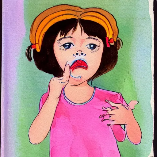 Prompt: a dark haired young girl in a pink dress, shocked expression, hand over mouth, 1990s bedroom, children's book illustration, watercolor, line drawing