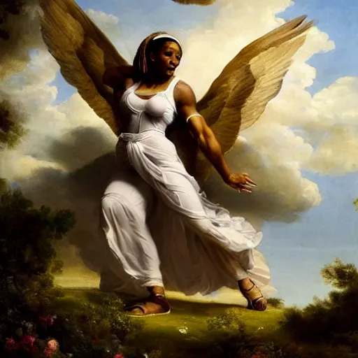 Prompt: Full body Portrait of Serena Williams as Nike Goddess, large wings, luxuriant, dreamy, eternity, romantic, strong pose, highly detailed, in the style of Franz Xaver Winterhalter, highly detailed, in the style of Aetherpunk