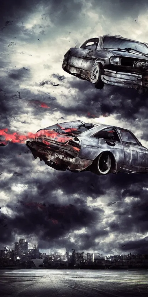 Image similar to a crushed car in the middle of a fifa stadium with lot of camera flashes in the distance night dramatic airbrushed clouds over black background, airbrush fantasy 80s, realistic detailed masterpiece