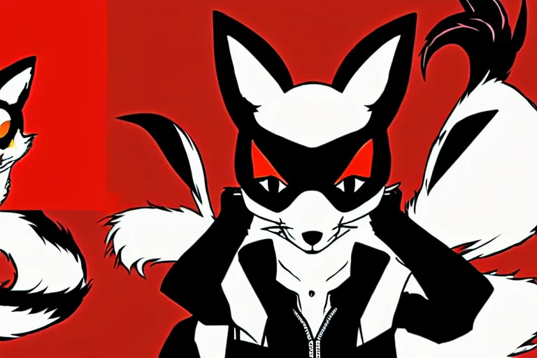 Image similar to a furry tan male fox on a persona 5 : royal ( by atlus ) video game splash screen, a furry male sandcolored tan fox fursona ( has hair ), persona 5 phantom thief style