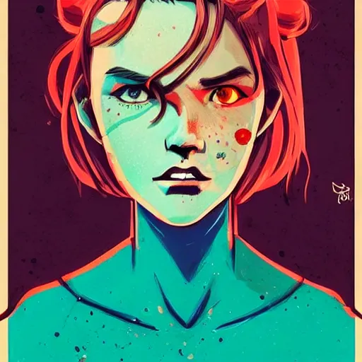 Image similar to Highly detailed portrait of pretty punk zombie young lady with freckles by Atey Ghailan, by Loish, by Bryan Lee O'Malley, by Cliff Chiang, inspired by image comics, inspired by graphic novel cover art, inspired by papergirls !! Gradient color scheme ((grafitti tag brick wall background)), trending on artstation