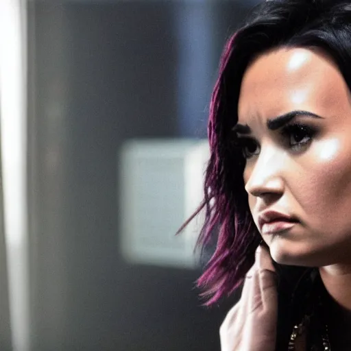 Image similar to close-up of Demi Lovato as a detective in a movie directed by Christopher Nolan, movie still frame, promotional image, imax 70 mm footage