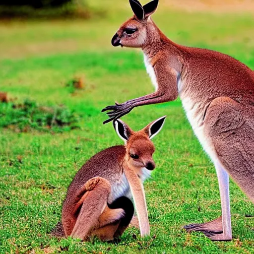 Prompt: <photograph><Kangaroo cute=true><sign readable=true>Hello Friends</sign></Kangaroo></photograph>