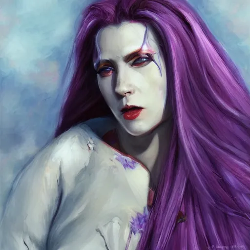 Prompt: highly detailed painting, side view, stoic awkward brilliant female vampire women with long purple hair, in flight suit, science fiction, artstation