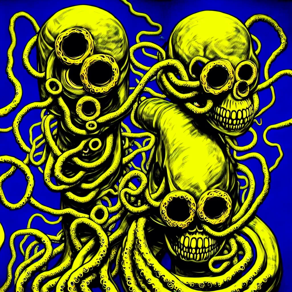 Prompt: a self portrait by the artist kelbv, in distinct hyper detailed style with tubes coming from eyes, and hollowed skull filled with blue and yellow accountancy ellipsoids, perfect studio lighting against a backdrop of a still from the movie fire tentacle.