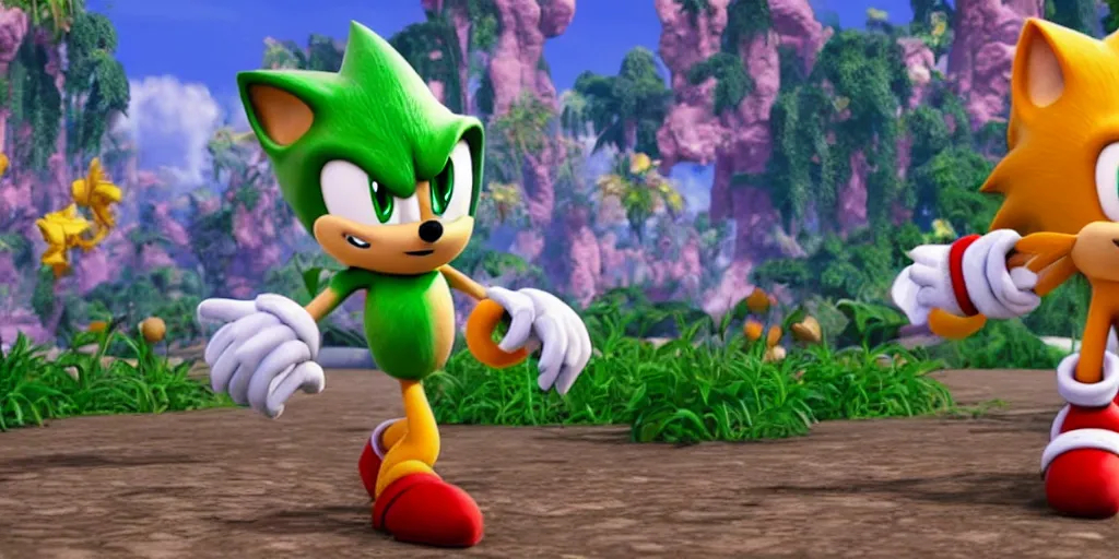 Image similar to cosmo the seedrian talking to tails in the videogame of sonic, high details, high resolution, rendered in unreal engine