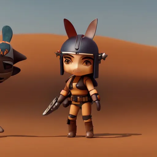 Image similar to mandalorian as nendoroid walking in a desert with two moons in the croods movie style, muted colours, anime, disney, pixar, 8 k, hd, dof, kodak film, volumetric lighting, subsurface scattering, photorealistic, octane render, details