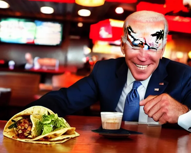 Image similar to a photo of joe biden at applebee's, asian wonton tacos, detailed face, ambient lighting, professional photography, 4 k ultra