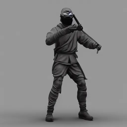 Image similar to 3 d rendering of marble statue of ninja wearing full face mask and hunter hat, combat suit, technological, all marble, octane render