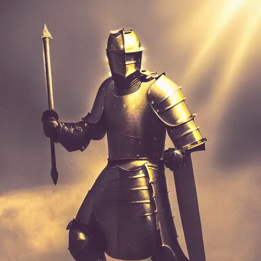Image similar to photo of a knight wearing honey-jar-armor, dramatic lighting