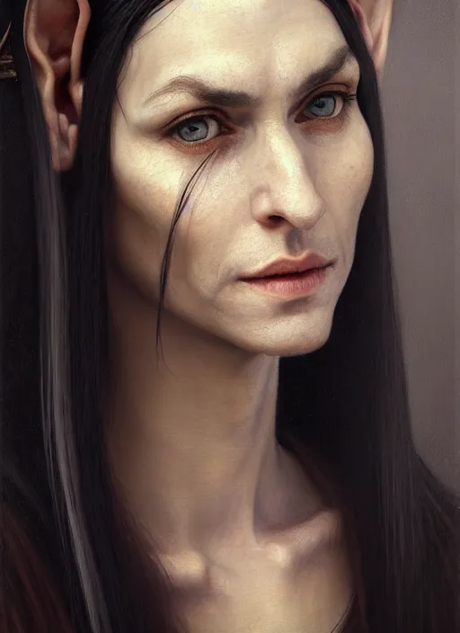 Prompt: portrait of an elf ( long thin pointed ears, sharp features ) thief with long black hair, elven character with smirk, detailed realism face in painting, detailed beautiful portrait, oil painting masterpiece, fantasy artwork, 8 k resolution, smooth, sharp focus, trending on artstation, by rembrandt, by greg rutkowski, by james jean