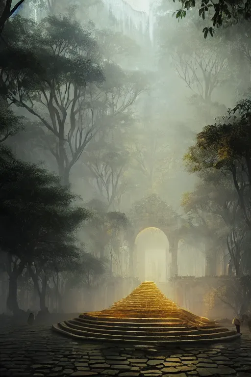 Prompt: old aztec city of gold in the middle of the forest, intricate, elegant, volumetric lighting, digital painting, highly detailed, artstation, sharp focus, illustration, concept art, ruan jia, steve mccurry