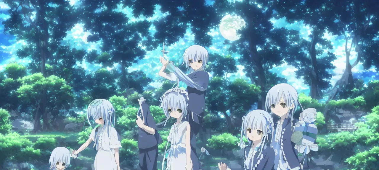 Image similar to Konpaku petting aqua ghost | ghibli clover | Big Moon at Blue Night | Trees with white flowers | bioluminescent blue FLOWERS | strong blue rimlit | visual-key | anime illustration | highly detailed High resolution | Light Novel | Visual Novel | Gosick