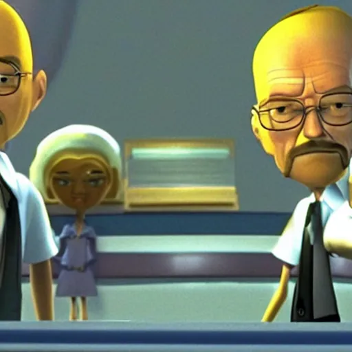 Prompt: A still of Walter White in Meet The Robinsons (2007) vhs quality, set on night