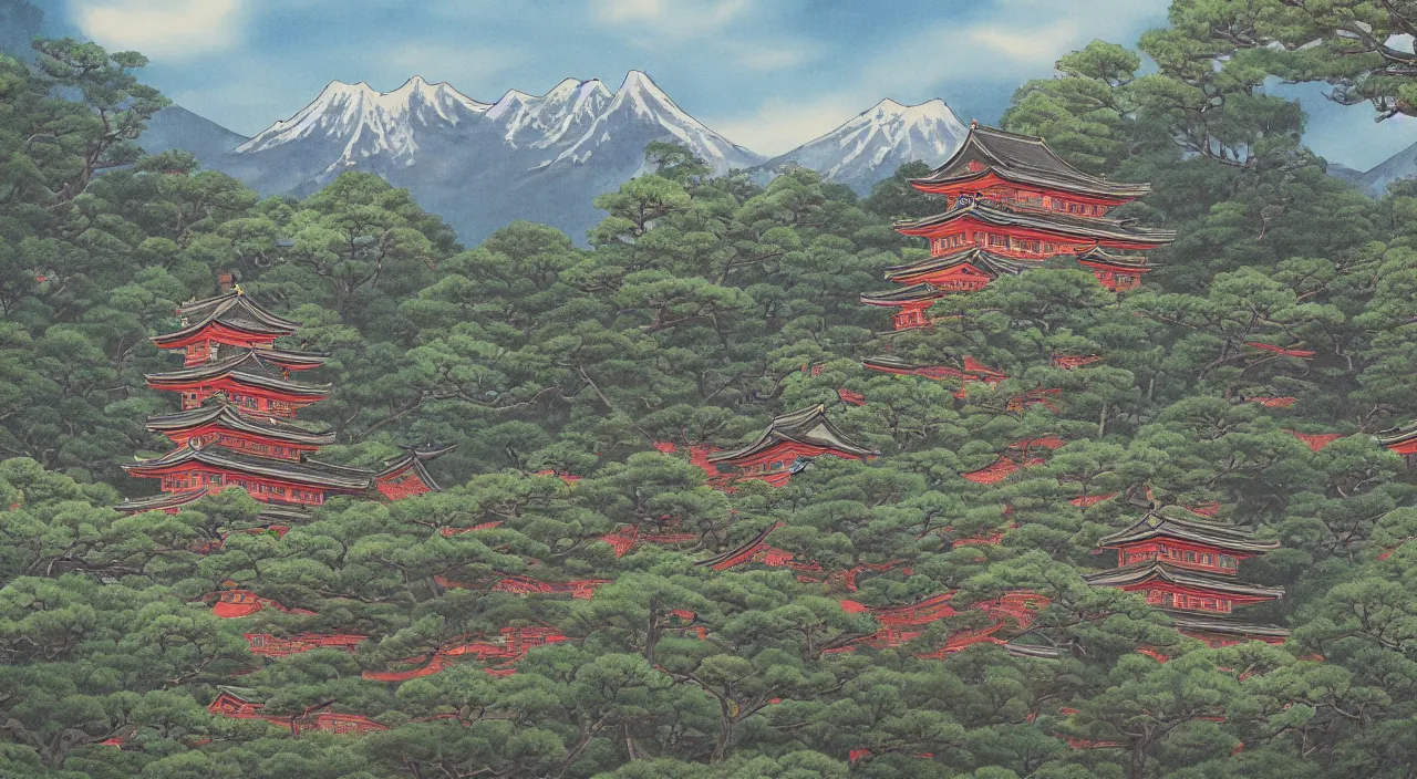 Prompt: a beautiful painting of a singular Japanese castle, with a garden as foreground, with mountains as background, trending on artstation