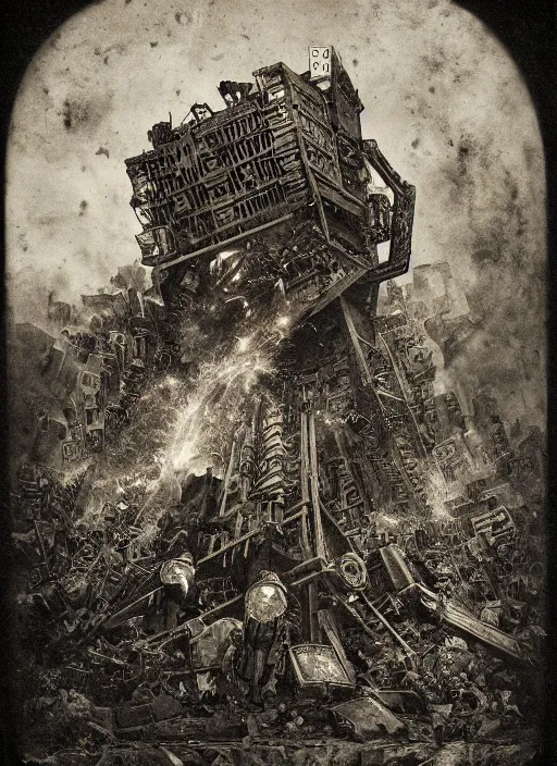 Prompt: old wetplate daguerreotype attack on titan, explosion of data fragments, fractal, intricate, elegant, highly detailed, parallax, leica, medium format, subsurface scattering, by jheronimus bosch and greg rutkowski and louis jacques mande daguerre
