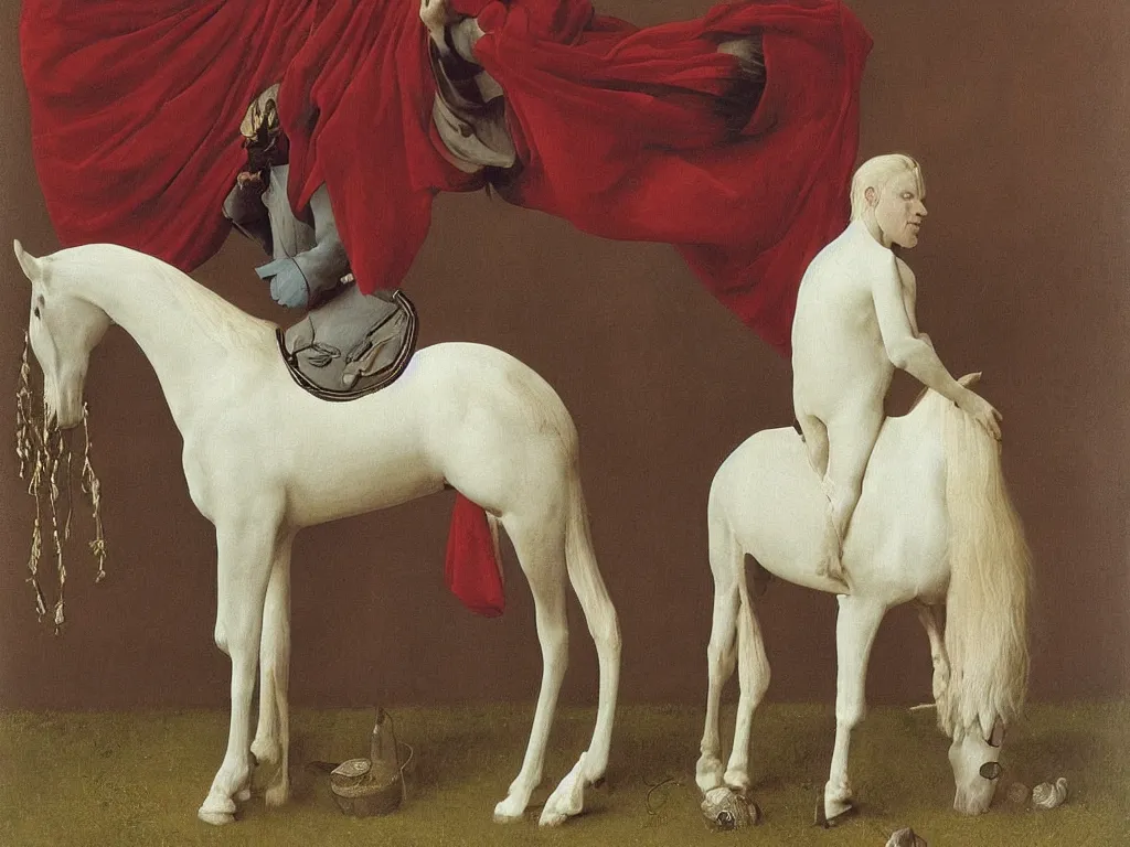 Prompt: albino mystic, with his back turned, with beautiful exotic horse in the day of the eclipse. Painting by Jan van Eyck, Audubon, Rene Magritte, Agnes Pelton, Max Ernst, Walton Ford