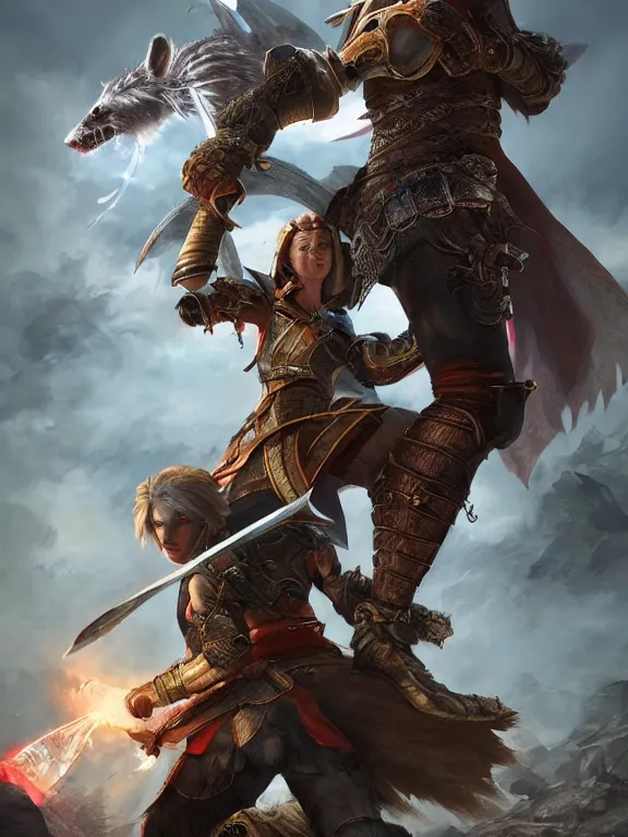 Prompt: a beautiful hyper realistic detailed epic game cover despising a noble knight women guided by the spirit of the great raccoon, in the style of dragon age, featured on artstation