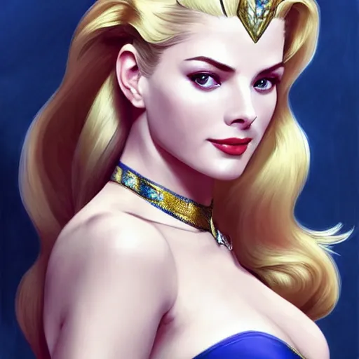 Image similar to A combination of Grace Kelly's and Katheryn Winnick's and Ashley Greene's faces with blue hair as She-Ra, western, D&D, fantasy, intricate, elegant, highly detailed, digital painting, artstation, concept art, matte, sharp focus, illustration, art by Artgerm and Greg Rutkowski and Alphonse Mucha