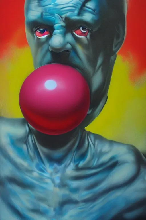 Prompt: hyperrealism surrealism acrylic painting, aerosol splashes on paper, close - up portrait of bowling ball - man