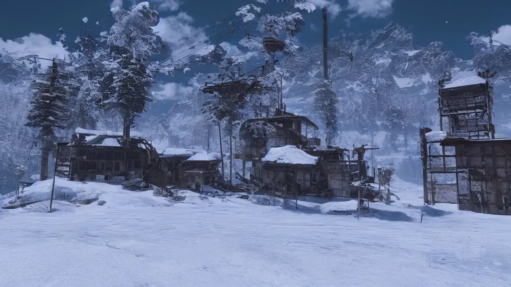 Prompt: beautiful Nier Automata landscape at an abandonned ski station, near a chairlift, winter