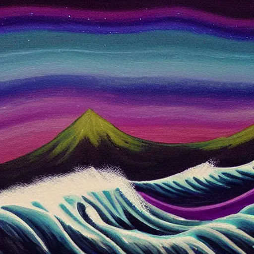 Prompt: painting wave tsunami small boat background cosmic night sky in the style of Ansel Adams