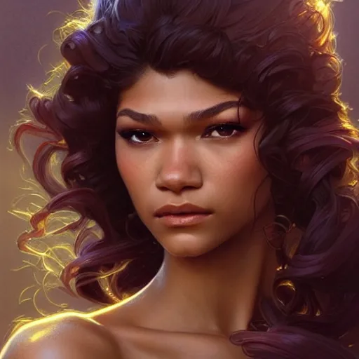 Image similar to beautiful zendaya, closeup, D&D, fantasy, intricate, elegant, highly detailed, digital painting, artstation, concept art, matte, sharp focus, illustration, art by Artgerm and Greg Rutkowski and Alphonse Mucha