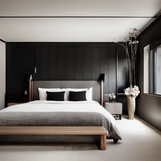 Image similar to bedroom, stone, interior design, stylish luxury hotel bedroom design, yakisugi, black vertical slatted timber, textures, feminine, black walls, art, Japanese pottery vase with flowers, kakejiku, seasonal, Japanese influences