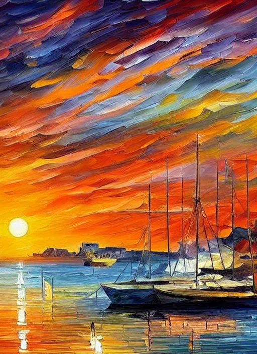 Image similar to beautiful seaside greek village and boats at sunset in the style of leonid afremov