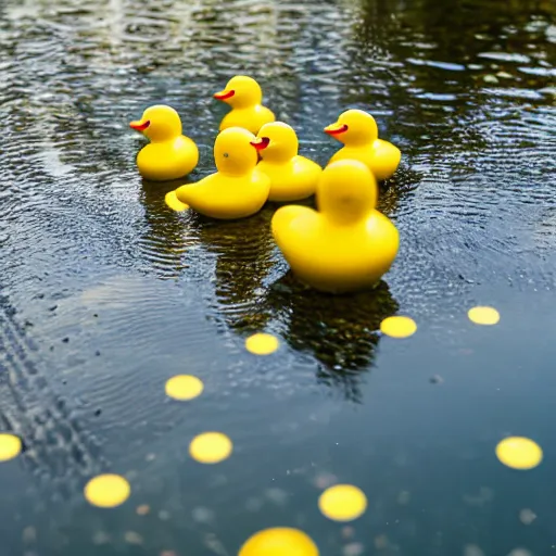 Prompt: rubber ducks in a pond, 5 0 mm lens, photo, bokeh, ripples, good lighting