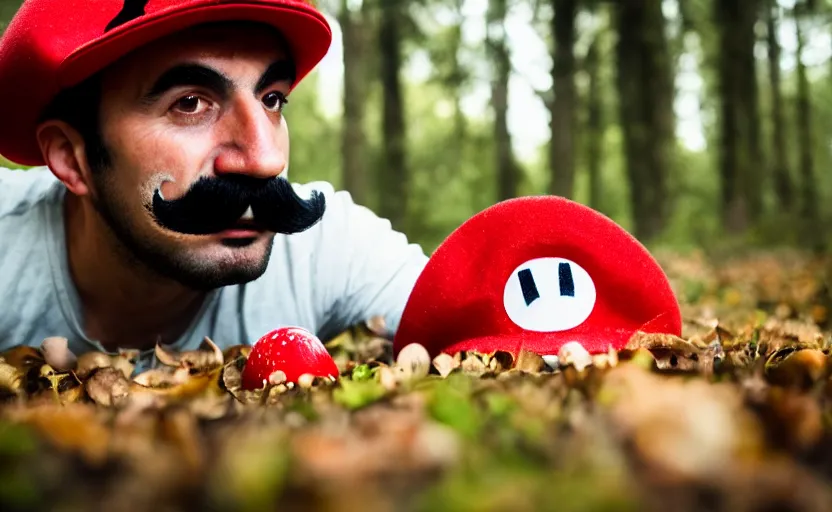 Image similar to italian man with a mustache dressed as mario wearing a solid red mario hat, crawling on the ground, excited face, eyes rolled back, drooling, licking a red mushroom with white spots, in a forest, photography, 5 0 mm lens, f 1. 8