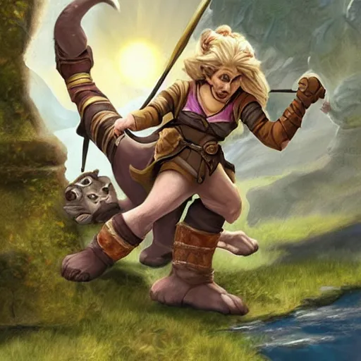 Image similar to D&D art of a female halfling rogue with hairy feet, riding on top of a panther through waterdeep, sunny afternoon